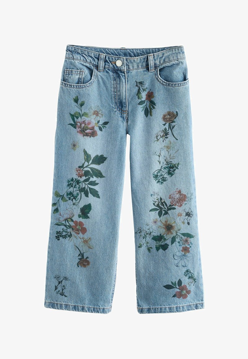 Hellblaue Denim-Jeans mit hoher Taille, Knopfverschluss und bunten Blumenprint entlang der Vorderseite beider Beine.