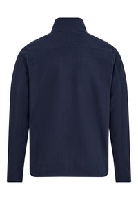 Chaqueta de forro polar color navy con cuello alto, mangas largas y una textura suave. No presenta herrajes ni patrones visibles.