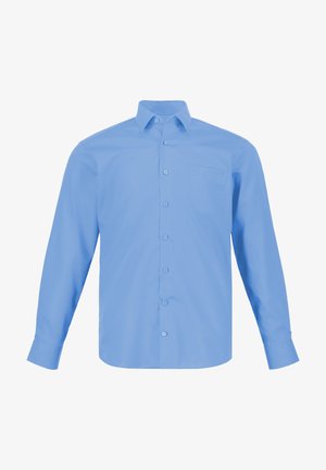 Camisa de botón de manga larga en azul claro con cuello puntiagudo, bolsillo frontal y una textura suave, con seis botones en la parte delantera.