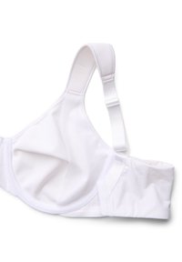 White, seamless bra with adjustable straps and soft fabric. Features a smooth texture and a side panel for support. No embellishments.