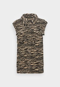 Kortärmad skjorta med ett tigerstrimmigt mönster i svart och beige, med en krage, knappstängning och två framfickor.