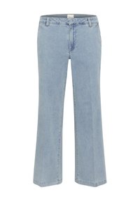 Light blue denim trousers with a wide-leg cut, featuring a classic five-pocket design and a zip fly with a button closure.