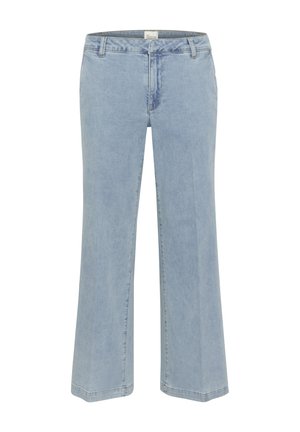 Light blue denim trousers with a wide-leg cut, featuring a classic five-pocket design and a zip fly with a button closure.