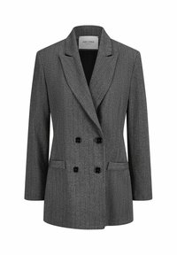 Grijs dubbelzijdig blazer van een gestructureerde stof, met opstaande revers en twee voorzakken; voorzien van zwarte knopen voor sluiting.