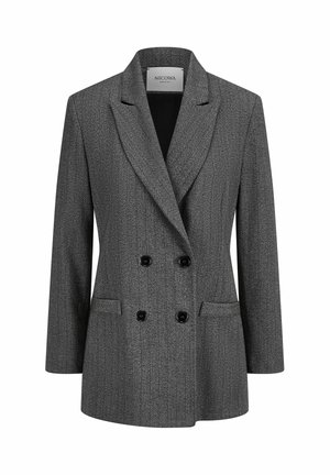 Grijs dubbelzijdig blazer van een gestructureerde stof, met opstaande revers en twee voorzakken; voorzien van zwarte knopen voor sluiting.