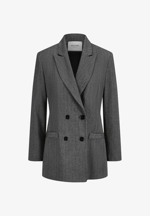 Veste gray à double boutonnage en tissu texturé, avec un col cranté et deux poches avant ; équipée de boutons noirs pour la fermeture.