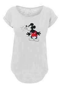 Gray cotton t-shirt with short rolled sleeves, featuring a printed black and red Mickey Mouse design on the front. Curved hem.