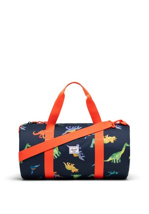 Borsa da viaggio blu navy con cinghie arancioni brillanti e motivi colorati di dinosauri su tutta la superficie, con toppa frontale con logo.