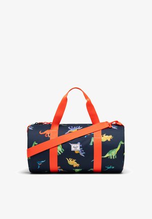 Granatowa torba typu duffel z jaskrawo pomarańczowymi paskami i kolorowymi wzorami dinozaurów na całej powierzchni, z przednią naszywką z logo.