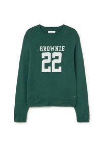 Suéter de punto verde oscuro con texto blanco "BROWNIE 22" en el frente, mangas largas y puños y dobladillo acanalados.