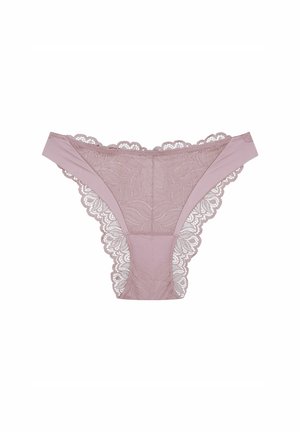 Lace thong in soft mauve, featuring intricate floral patterns, scalloped edges, and a blend of sheer and solid fabric for contrast.
