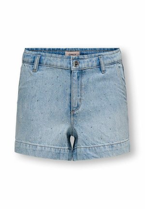 Pantalones cortos de mezclilla azul claro con pequeños remaches plateados, botón frontal, trabillas para cinturón y bolsillos delanteros, con la etiqueta "ONLY" en el interior de la cinturilla.