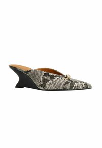 Wedge heel mules in grey and black snake print leather, featuring a pointed toe and a metallic accent on the upper. Soft brown interior lining.