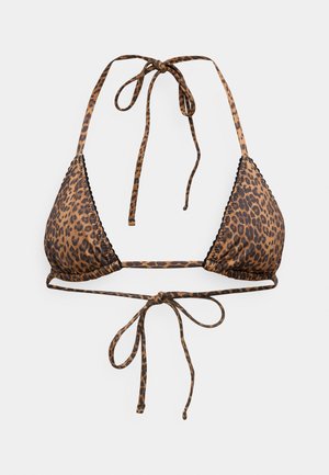 Leopardprint driehoekbikinitop met dunne strikjes, voorzien van een gestructureerd oppervlak en contrasterende zwarte bies langs de randen.