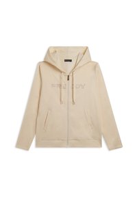 Felpa zip beige chiaro con tasche frontali, cappuccio con cordino e testo "FREDDY" in piccoli punti perforati sul petto.