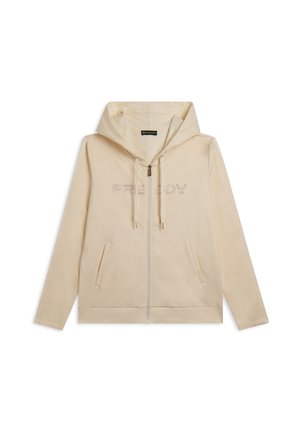 Haut à capuche zippé beige clair avec poches avant, capuche à cordon, et texte "FREDDY" en petits points perforés sur la poitrine.