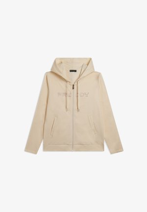 Haut à capuche zippé beige clair avec poches avant, capuche à cordon, et texte "FREDDY" en petits points perforés sur la poitrine.