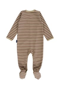 Gestreifter Einteiler in Beige und Braun, mit langen Ärmeln, rundem Halsausschnitt und Fußdesign. Weicher Stoff und elastische Bündchen an Ärmeln und Füßen.