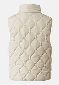 Béžová prošívaná vesta bez rukávů s prošívaným vzorem zaoblených diamantových tvarů a vysokým límcem. Zadní část je hladká bez ozdob.