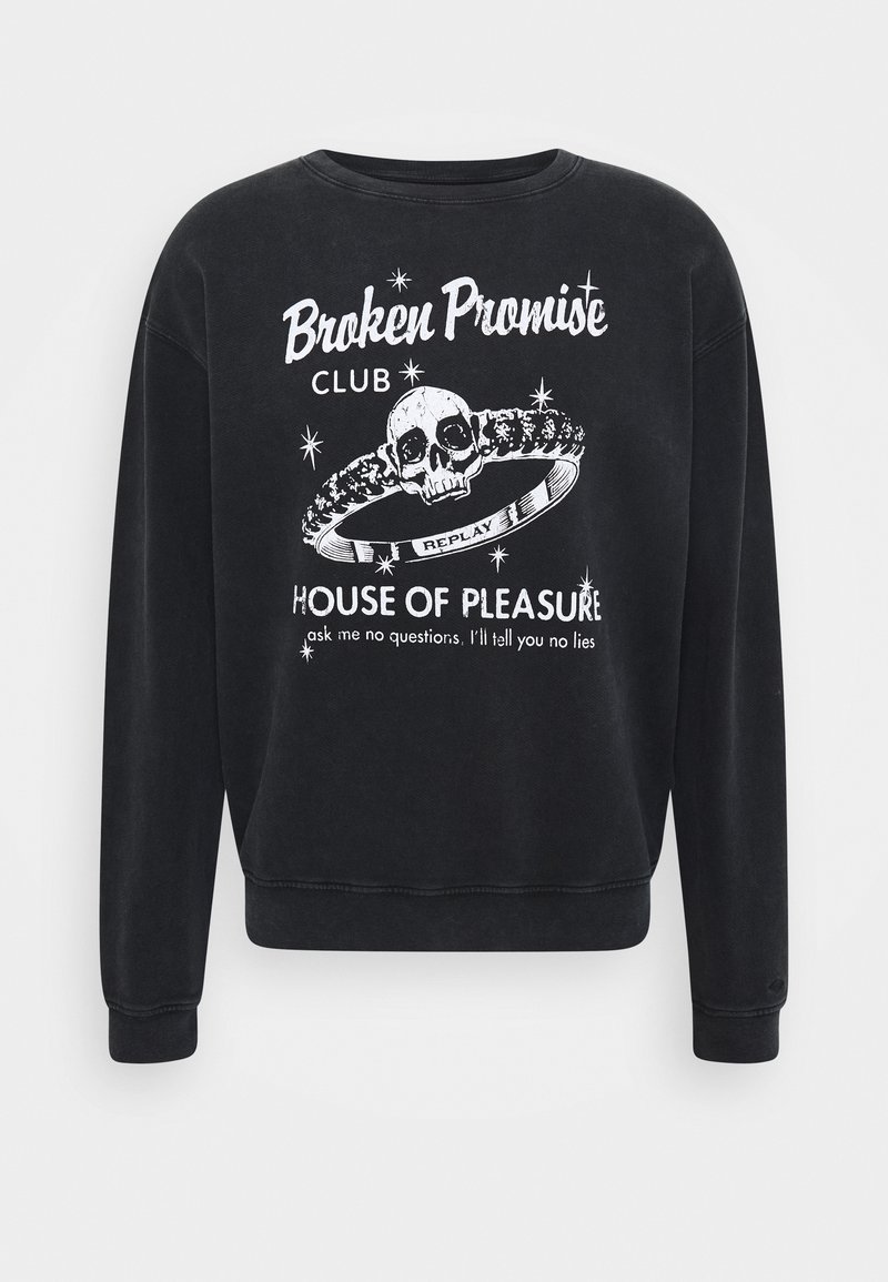 Sweatshirt noir avec un crâne graphique blanc couronné, texte "Broken Promise Club" et "House of Pleasure, ne me posez pas de questions, je ne vous dirai pas de mensonges."