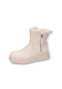 Cremfarbene Knöchelstiefel mit einem plüschigen Fellkragen, seitlichem Reißverschluss und geripptem Gummisohle. Hergestellt aus einem samtähnlichen Material.