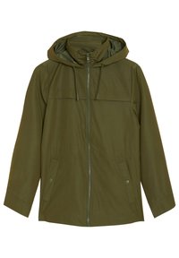 Olijfgroene lichte jas met capuchon, ritsluiting, twee voorzakken en een geperforeerde binnenvoering. Geschikt voor casual gebruik met een gladde textuur.