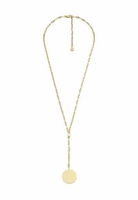 Collier en métal jaune avec un design de chaîne allong�ée, arborant un pendentif circulaire au centre qui pend en dessous de la chaîne.