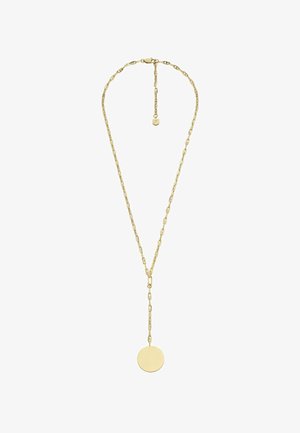 Collana in metallo giallo con design a catena allungata, caratterizzata da un pendente circolare al centro che pende sotto la catena.