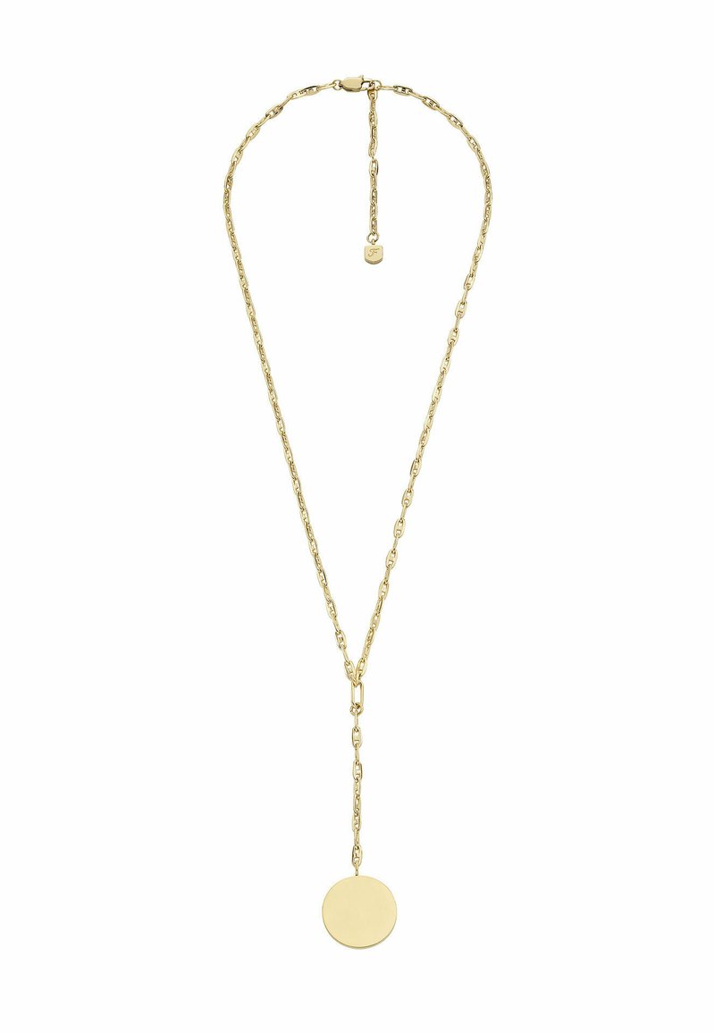 Collier en métal jaune avec un design de chaîne allongée, arborant un pendentif circulaire au centre qui pend en dessous de la chaîne.