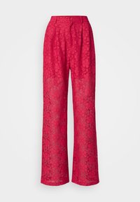 Röda spets palazzo byxor med blommönster, hög midja, knäppning fram och vid bendesign, med en texturerad, genomskinlig apparens.