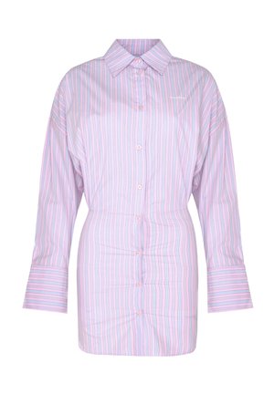 Langärmeliges Hemdblusenkleid mit rosa, blauen und weißen vertikalen Streifen und einem Kragen.