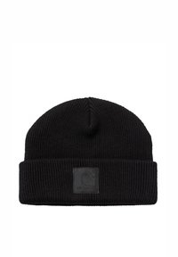 Black knitted beanie hat with a fold-over cuff, featuring a textured surface and a black square logo patch on the front.