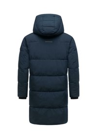 Navy blue puffer jacket with a hood, featuring a quilted design, elastic cuffs, and a sleek silhouette. Black accents near cuffs.