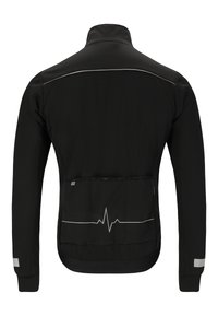 Veste noire à manches longues, col haut, accents réfléchissants et motif de ligne de battement de cœur sur la zone de la poche arrière. Texture de tissu douce.
