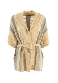 Cardigan in maglia con maniche ampie, colore beige crema, caratterizzato da accenti a strisce argentate e una cintura da annodare in vita. Design con apertura frontale.