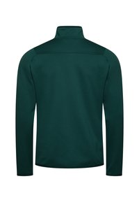 Pullover verde a maniche lunghe con colletto alto. Presenta una texture liscia e un design aderente con cuciture sulle spalle per una maggiore libertà di movimento.