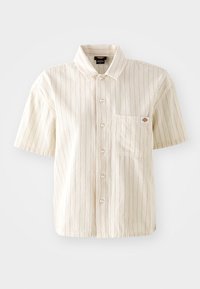 Camicia a maniche corte color crema con righe verticali rosse e taschino sul lato sinistro, realizzata in tessuto di cotone, con colletto.