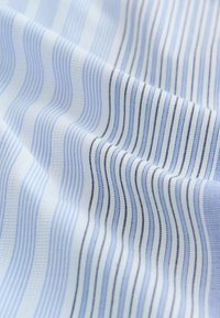 Dryžuota medžiaga, kurioje matomos švelnios mėlynos ir baltos bangos su plonomis juodomis linijomis, demonstruojanti lygią tekstūrą ir išlenktą dizainą.