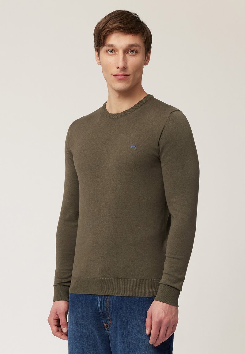 Maglione a manica lunga ecco verde oliva, con collo rotondo, polsini e orlo a coste, caratterizzato da un piccolo logo blu sul petto.