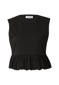 Schwarzes ärmelloses Oberteil mit gerafftem Saum, aus weicher Baumwolle gefertigt, mit einem runden Ausschnitt und einer eleganten Silhouette für eine relaxte Passform.