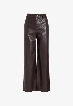 Bruna faux läder byxor med vida ben och hög midja, metallknapp, framfickor och en slät, glänsande textur.