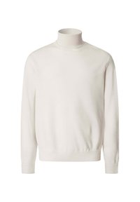 Weißer Rollkragenpullover aus weichem Material, mit langen Ärmeln, gerippten Bündchen und einem taillierten unteren Saum.