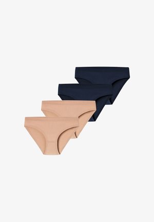 Quatre sous-vêtements style bikini sans couture en beige et bleu marine, disposés en deux paires superposées sur fond blanc.