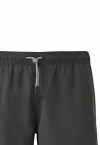 Donkergrijze zwembroek met een elastische tailleband en een zwart-witte geruite trekkoord. De stof is glad en lichtgewicht.