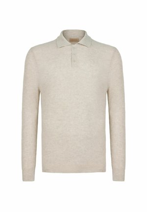 Beige långärmad pikétröja med en texturerad stickning, treknapps knappslå och en klassisk krage. Mjukt tyg med ett subtilt mönster.