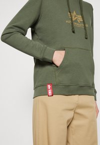 Felpa verde oliva in un morbido tessuto, con tasca frontale a marsupio, logo dorato e un'etichetta rossa nell'orlo. Abbinata a pantaloni beige.