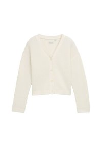 Cremfarbener, gerippter Strickcardigan mit V-Ausschnitt, langen Ärmeln und fünf Knöpfen vorne. Besitzt ein kurzes Design und eine weiche Textur.