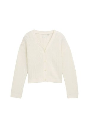 Cardigan a coste di colore crema, con scollo a V, maniche lunghe e chiusura anteriore a cinque bottoni. Presenta un design cropped e una morbida texture.