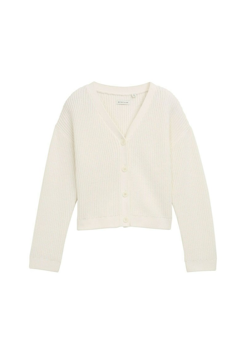 Cremfarbener, gerippter Strickcardigan mit V-Ausschnitt, langen Ärmeln und fünf Knöpfen vorne. Besitzt ein kurzes Design und eine weiche Textur.