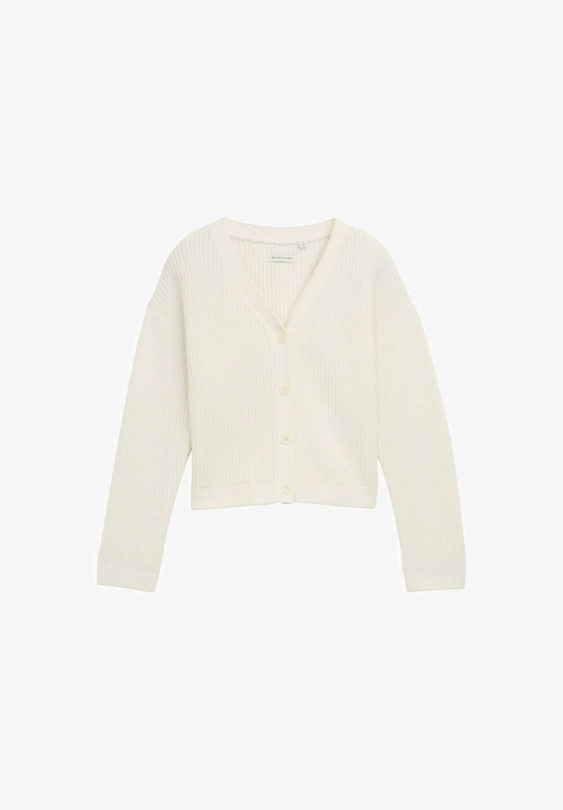 Cardigan a coste di colore crema, con scollo a V, maniche lunghe e chiusura anteriore a cinque bottoni. Presenta un design cropped e una morbida texture.